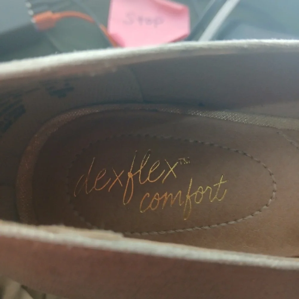 Dexflex‎ Comfort Peep Toe Wedge 7.5 Champagne Gold Shimmer Cork Wedding Guest